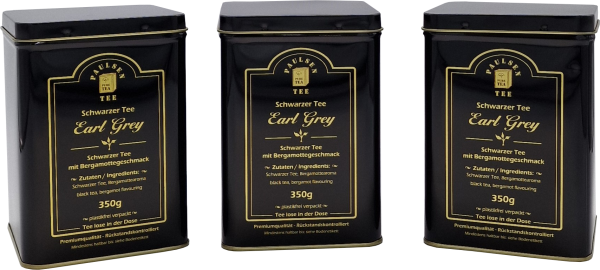 3 schwarze Edelstahldosen mit goldener Schrift. Gefüllt mit 350g Earl Grey, schwarzer Tee